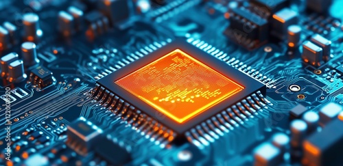 Processor Power: Close-up view of a powerful central processing unit (CPU) glowing intensely on a circuit board, signifying high performance and technological advancement.  photo