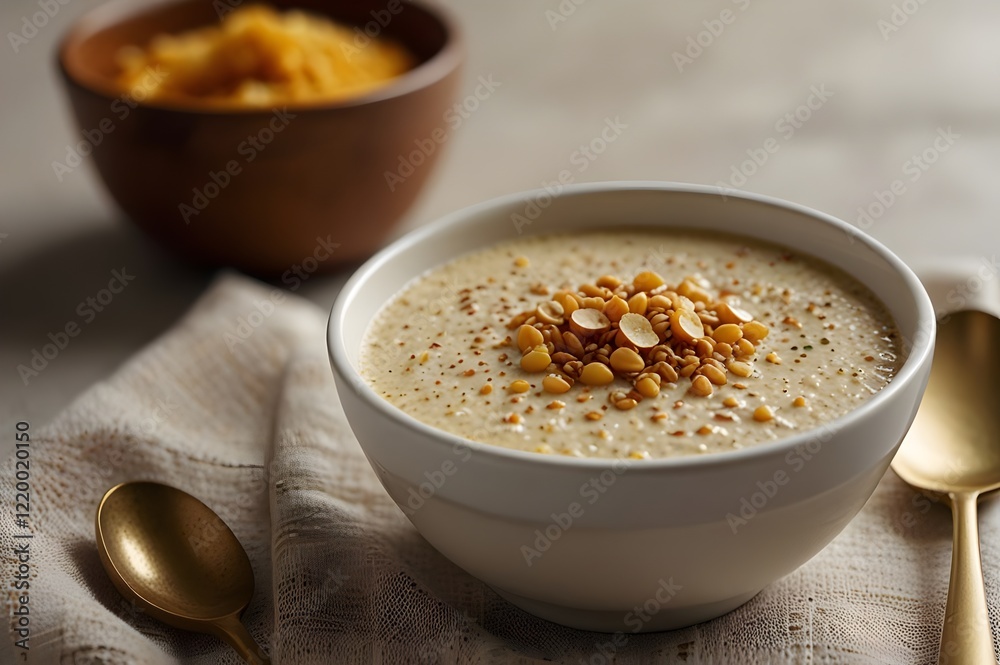 serving of creamy amaranth porridge in a bowl serving of creamy amaranth porridge in a bowl