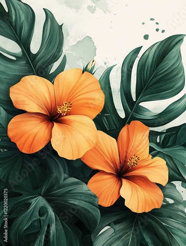Wallpaper Mural Orange hibiscus flowers and monstera leaves on textured background Torontodigital.ca