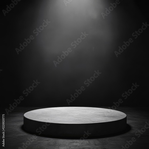 Dark studio with spotlight illuminating empty round pedestal.