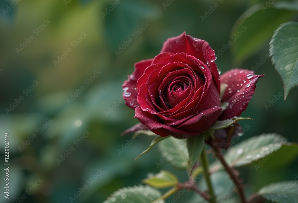 A close-up image showcases a single dark red rose adorned with morning dew, set against a blurred green backdrop. A close-up image showcases a single dark red rose adorned with morning dew, set against a blurred green backdrop.