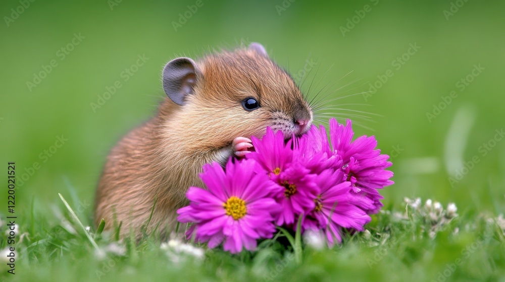 Adorable Baby Rodent Sniffing Pink Flowers in Meadow Adorable Baby Rodent Sniffing Pink Flowers in Meadow