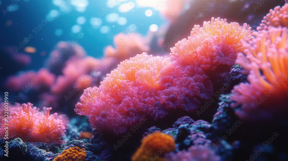 Fototapeta premium Glowing Depths: Ethereal Coral Reef Abstract Art with Soft Lighting