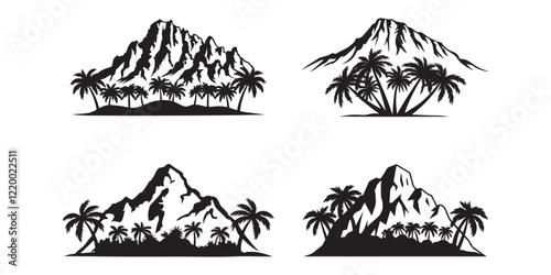 Silhouettes of tropical landscapes with palm trees and mountains. Mountain landscapes with palm trees silhouette on a white background.