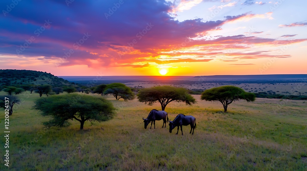African Savanna Sunset With Wildebeest Grazing African Savanna Sunset With Wildebeest Grazing