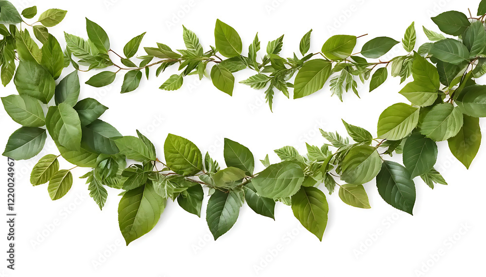 Fototapeta premium Fresh Green Leaf Garland Border Design Isolated