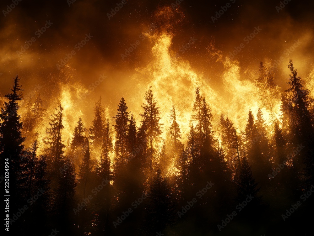 Fototapeta premium Intense Forest Fire with Animals Running Away Amidst Dramatic Flames and Smoke in Nature's Disarray
