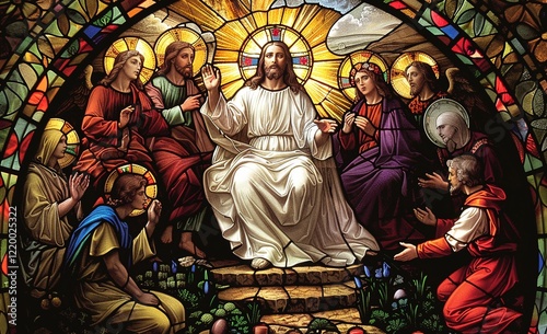 A breathtaking stained-glass artwork depicting Jesus Christ and his disciples. Rich colors and intricate details bring the scene to life.