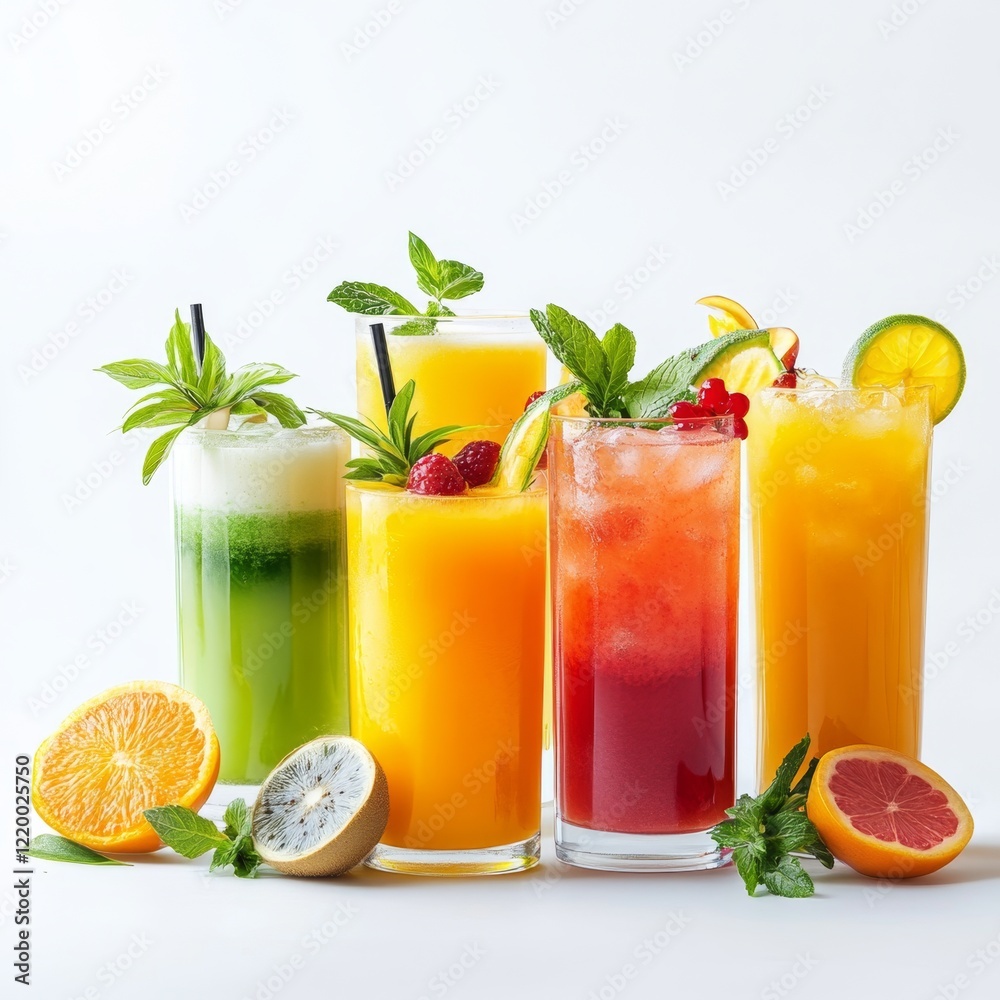 Fototapeta premium Vibrant Tropical Fruit Juices in Tall Glasses for Refreshing Drinks