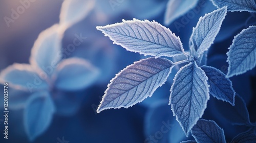 A cluster of winter leaves covered in frost, each detail crisp under a blue-toned morning light. The frosty edges sparkle faintly, capturing the quiet beauty of an early winter scene.