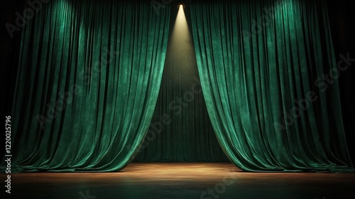 Theater Stage with Green Velvet Curtains and Spotlight for Performance and Drama