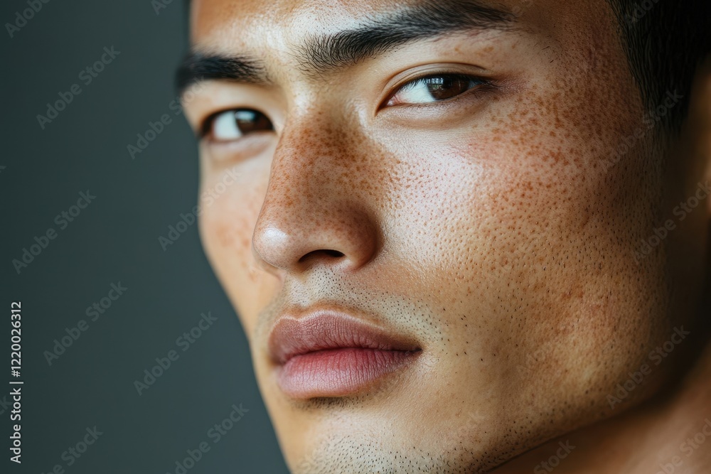 Obraz premium Close-up of a young man's face, showing freckles and subtle stubble. Perfect for beauty, skincare, or male grooming projects.
