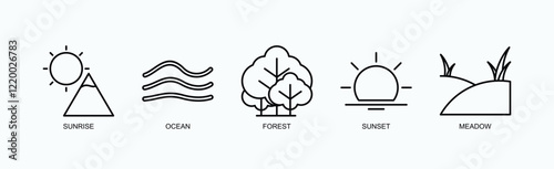 Nature Rhythms Icon Set Isolated Vector With Icon Of Sunrise, Ocean, Forest, Sunset, Meadow In Outline Style