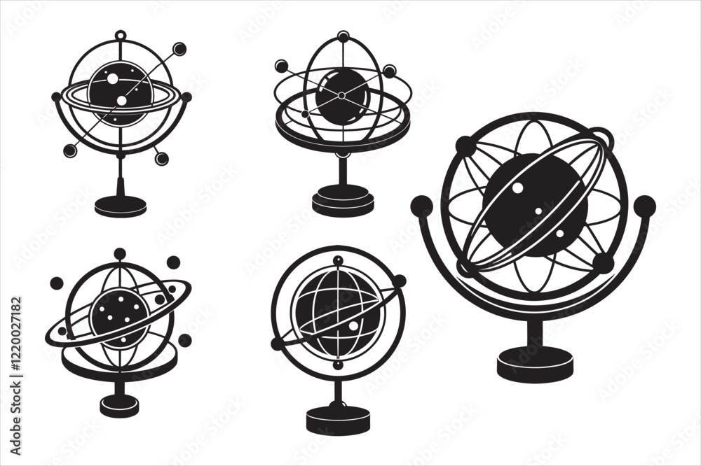 Set of globe mechanical model silhouette vector icon illustration, globe, earth on white background. Set of globe mechanical model silhouette vector icon illustration, globe, earth on white background.