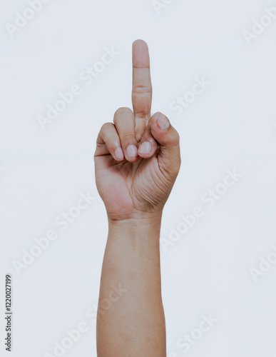 Male hand extending middle finger against on white or transparent background. photo