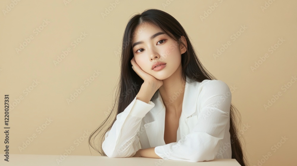 A beautiful Korean woman in her twenties with long hair, wearing white attire and sitting at an empty table against a beige background for a beauty product advertisement.