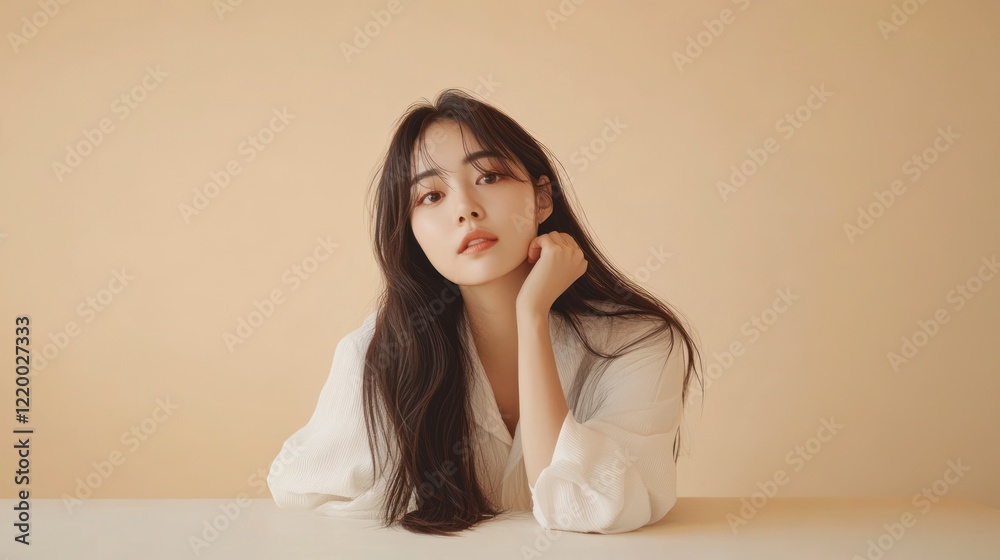 A beautiful Korean woman in her twenties with long hair, wearing white attire and sitting at an empty table against a beige background for a beauty product advertisement. A beautiful Korean woman in her twenties with long hair, wearing white attire and sitting at an empty table against a beige background for a beauty product advertisement.