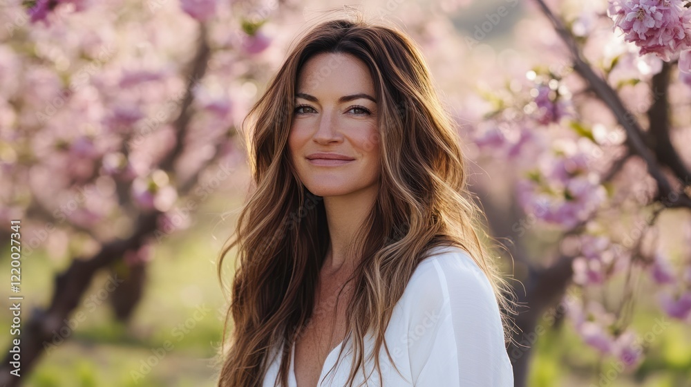 Naklejka premium A beautiful woman with long brown hair stands in front of blooming peach trees, wearing white and smiling gently at the camera.