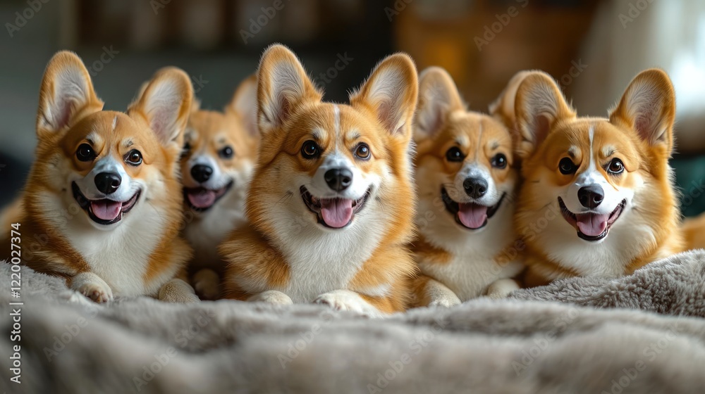 Four happy corgis posing on blanket, indoor home setting Four happy corgis posing on blanket, indoor home setting