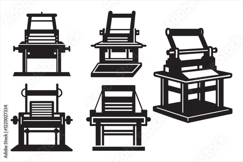 Set of Printing presses silhouette vector icon illustration, machine, printing press on white background.