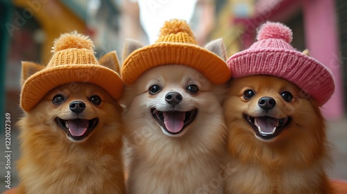 Three Pomeranians in winter hats, city street background, pet fashion