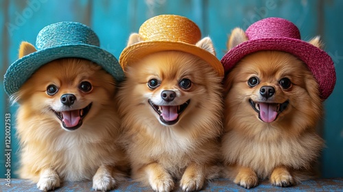 Three Pomeranians in hats, smiling, studio backdrop, pet fashion