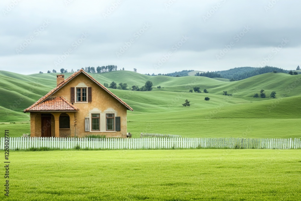 A cozy house on a vast, green field, bordered by a picket fence, with gentle hills and scattered trees in the background under a calm sky. A cozy house on a vast, green field, bordered by a picket fence, with gentle hills and scattered trees in the background under a calm sky.