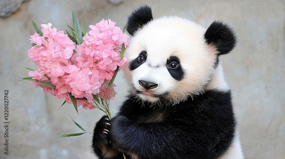 Naklejka premium Adorable Panda Cub Holding Heart Shaped Flowers