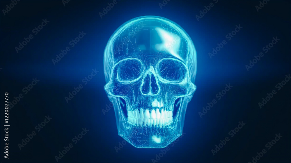 Surreal virtual X-ray of a transparent blue shint human skull on a blue background. Medical science and technology concept. Generative AI. Surreal virtual X-ray of a transparent blue shint human skull on a blue background. Medical science and technology concept. Generative AI.