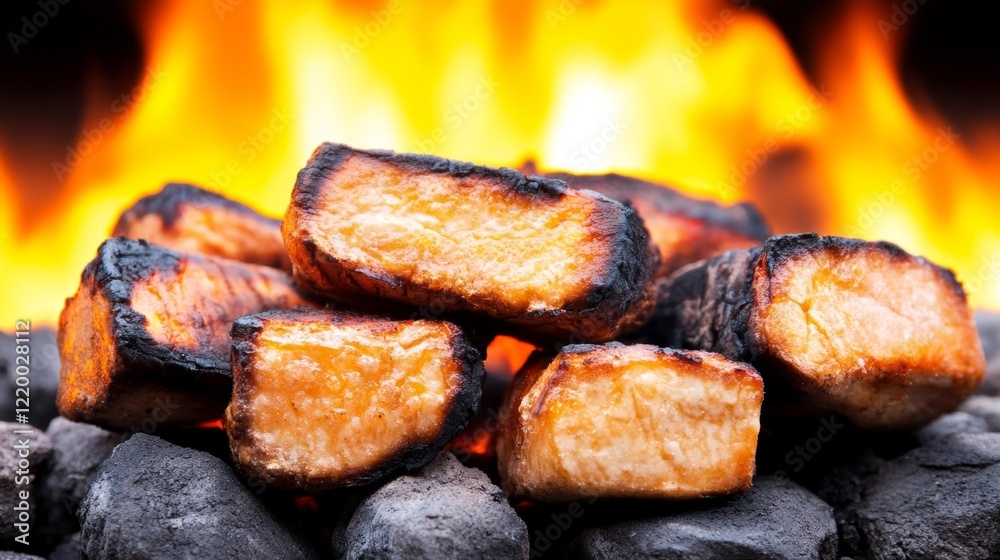 Delicious grilled fish over a campfire on a rock bed. Generative AI Delicious grilled fish over a campfire on a rock bed. Generative AI