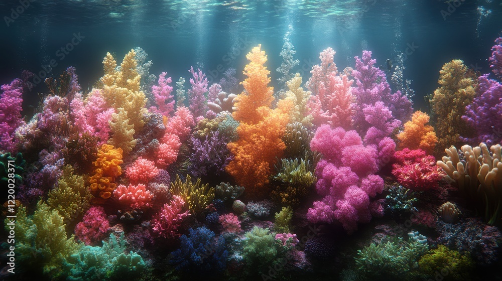 Fototapeta premium Coral Symphony: Vibrant Underwater Ecosystem with Photorealistic High Contrast