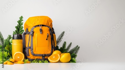 Yellow hiking hydration pack with a bottle on a white background. Generative AI photo
