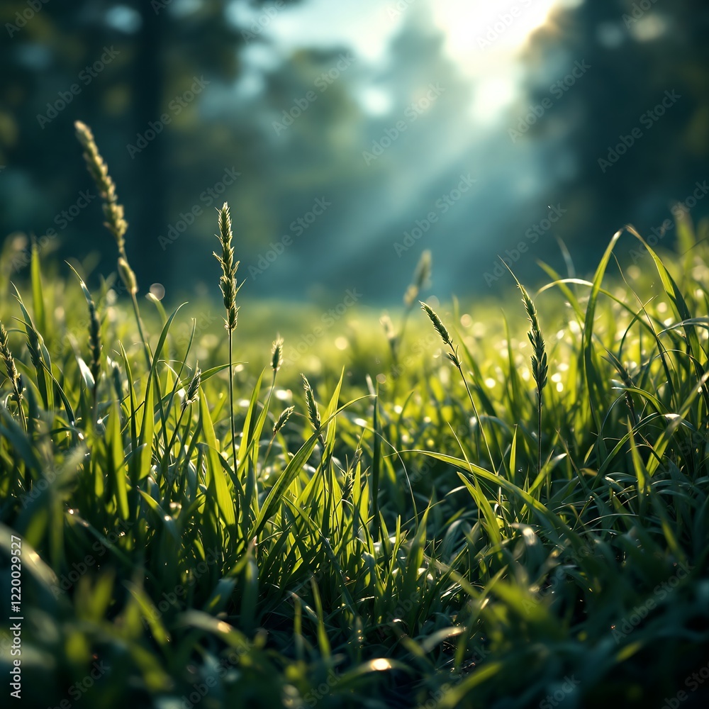 Fototapeta premium Sunlit Meadow: A Serene Grassland bathed in Golden Hour Light