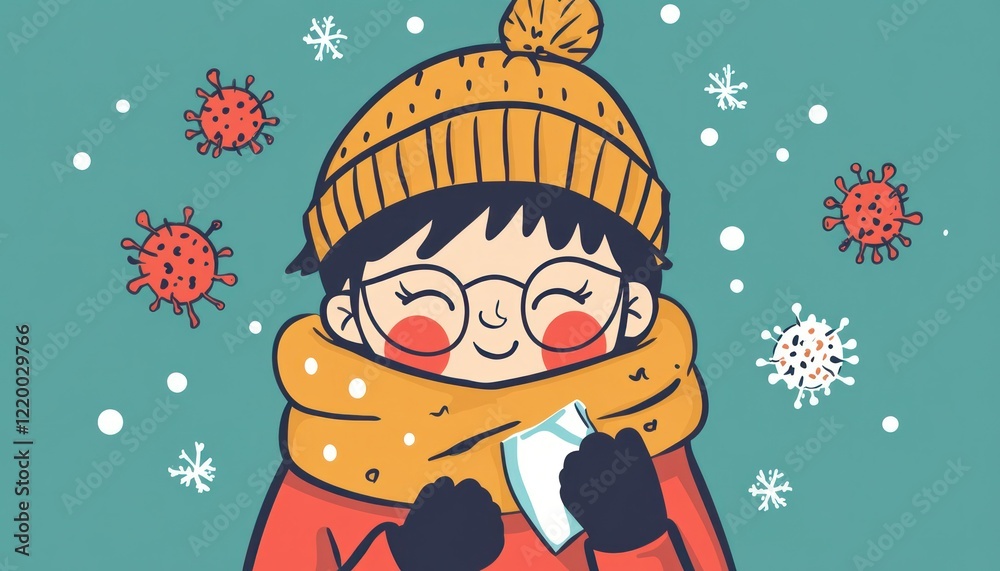 Winter Cold and Virus Season Illustration with Person Wearing Hat Scarf and Gloves Winter Cold and Virus Season Illustration with Person Wearing Hat Scarf and Gloves