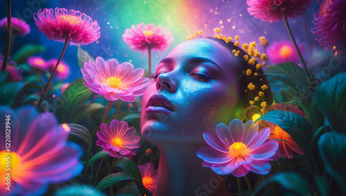 Ethereal Portrait of a Woman Surrounded by Glowing Flowers and Northern Lights