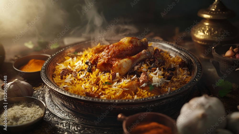 Traditional Indian biryani with rice, chicken, and spices. Featuring a rich and aromatic dish. Highlighting the texture and flavors of the biryani. Ideal for food and cultural themes.