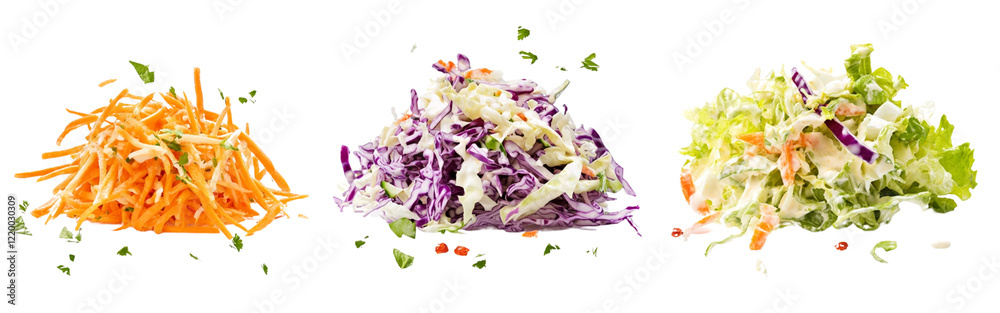 Three separate images of coleslaw with various vegetables, isolated on a transparent background png Three separate images of coleslaw with various vegetables, isolated on a transparent background png