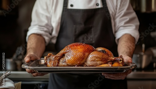 A chef presents a perfectly roasted turkey on a silver platter in a restaurant kitchen photo