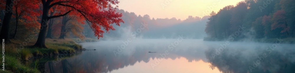 Naklejka premium Morning fog on a forest pond with reflected reeds, calm, pond, trees