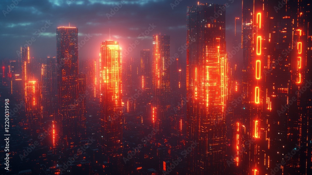 Fototapeta premium Futuristic Cityscape with Cybersecurity Features at Dusk