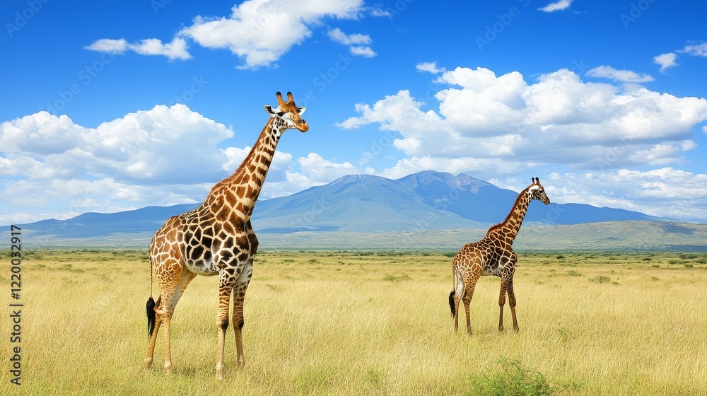 Obraz premium African Savanna Giraffes Under Blue Sky