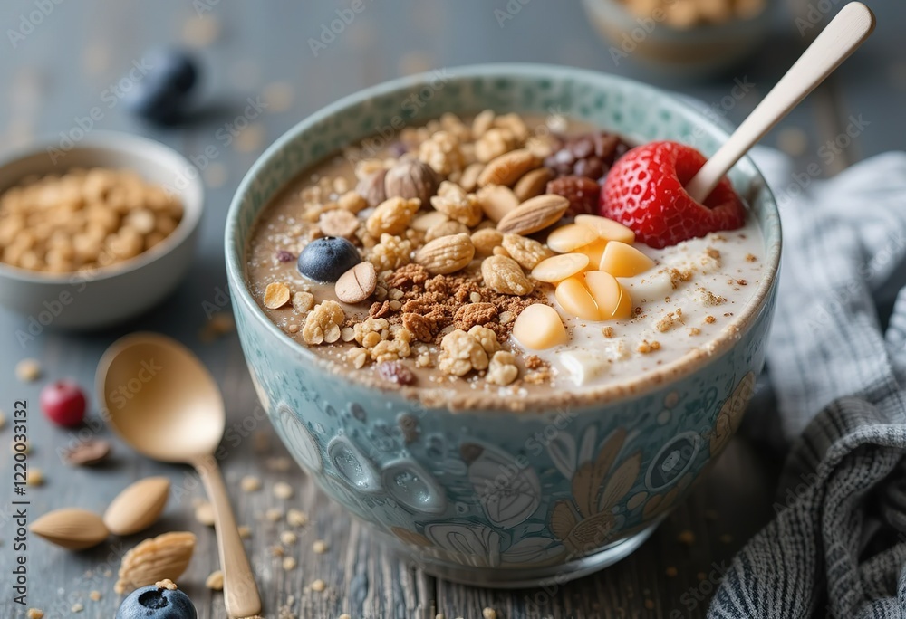 A vibrant smoothie bowl topped with granola, almonds, berries, and a strawberry. A vibrant smoothie bowl topped with granola, almonds, berries, and a strawberry.