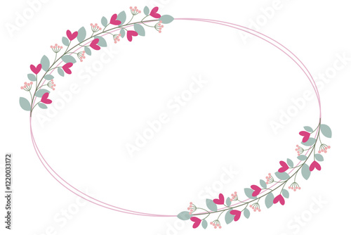Pink Oval Circle Borders Frame Or Wreath With Love Pink Flowers And Leaves