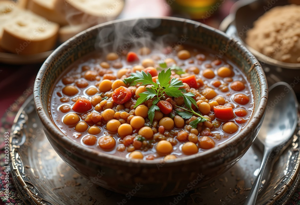 A rustic bowl of steaming chickpea and lentil soup garnished with parsley and tomatoes. A rustic bowl of steaming chickpea and lentil soup garnished with parsley and tomatoes.