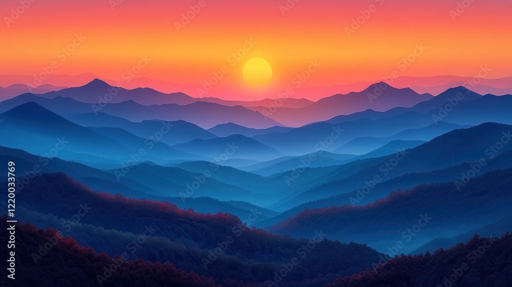 Dawn Over Majestic Peaks: Abstract Art of Vivid Sunrise Colors in Mountain Range Dawn Over Majestic Peaks: Abstract Art of Vivid Sunrise Colors in Mountain Range