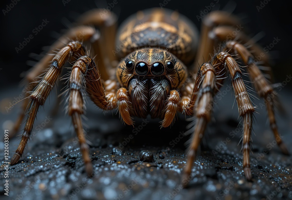 A detailed macro photograph showcases a brown spider with prominent eyes and hairy legs on a dark surface. A detailed macro photograph showcases a brown spider with prominent eyes and hairy legs on a dark surface.