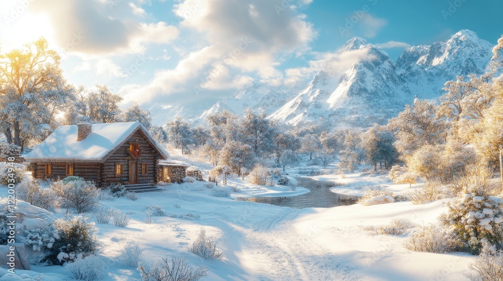 Cozy Winter Cabin Retreat in Snowy Forest - 3D Rendering with Detailed Textures for Seasonal Themes and Getaways Cozy Winter Cabin Retreat in Snowy Forest - 3D Rendering with Detailed Textures for Seasonal Themes and Getaways