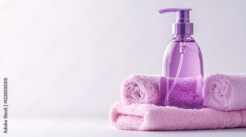 Photo of a purple bottle with shampoo on top and two pink towels next to it, placed against a white background. Photo of a purple bottle with shampoo on top and two pink towels next to it, placed against a white background.