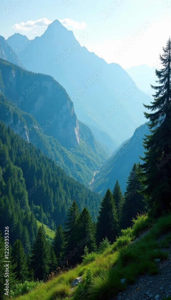 Fototapeta premium Mountain ridgeline with dense forest and sunlight filtering through, natural canopy, sunlight, trees
