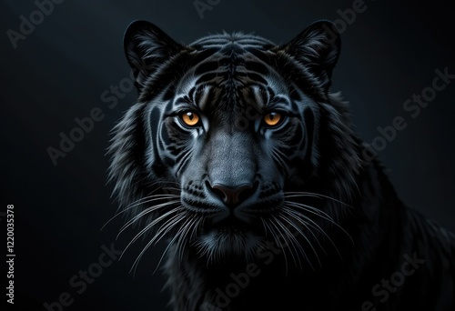 A close-up portrait showcases a black tiger with striking amber eyes, its intense gaze captivating against a dark background. photo